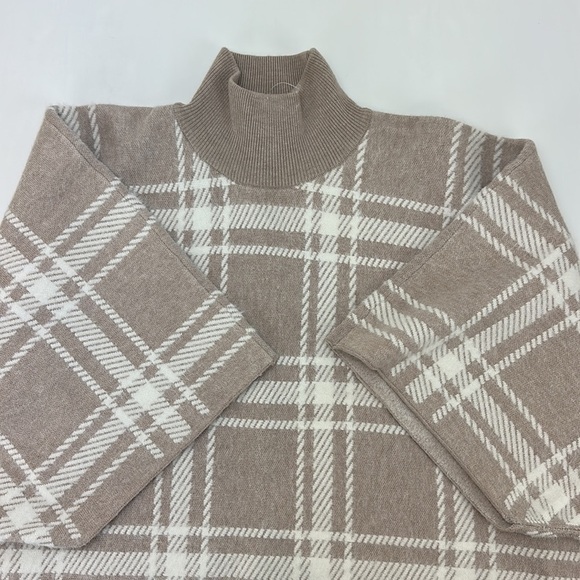 Rachel Zoe Pull Over Poncho Sweater One Size Cream Tan Window Pane Mock Neck - Picture 11 of 12